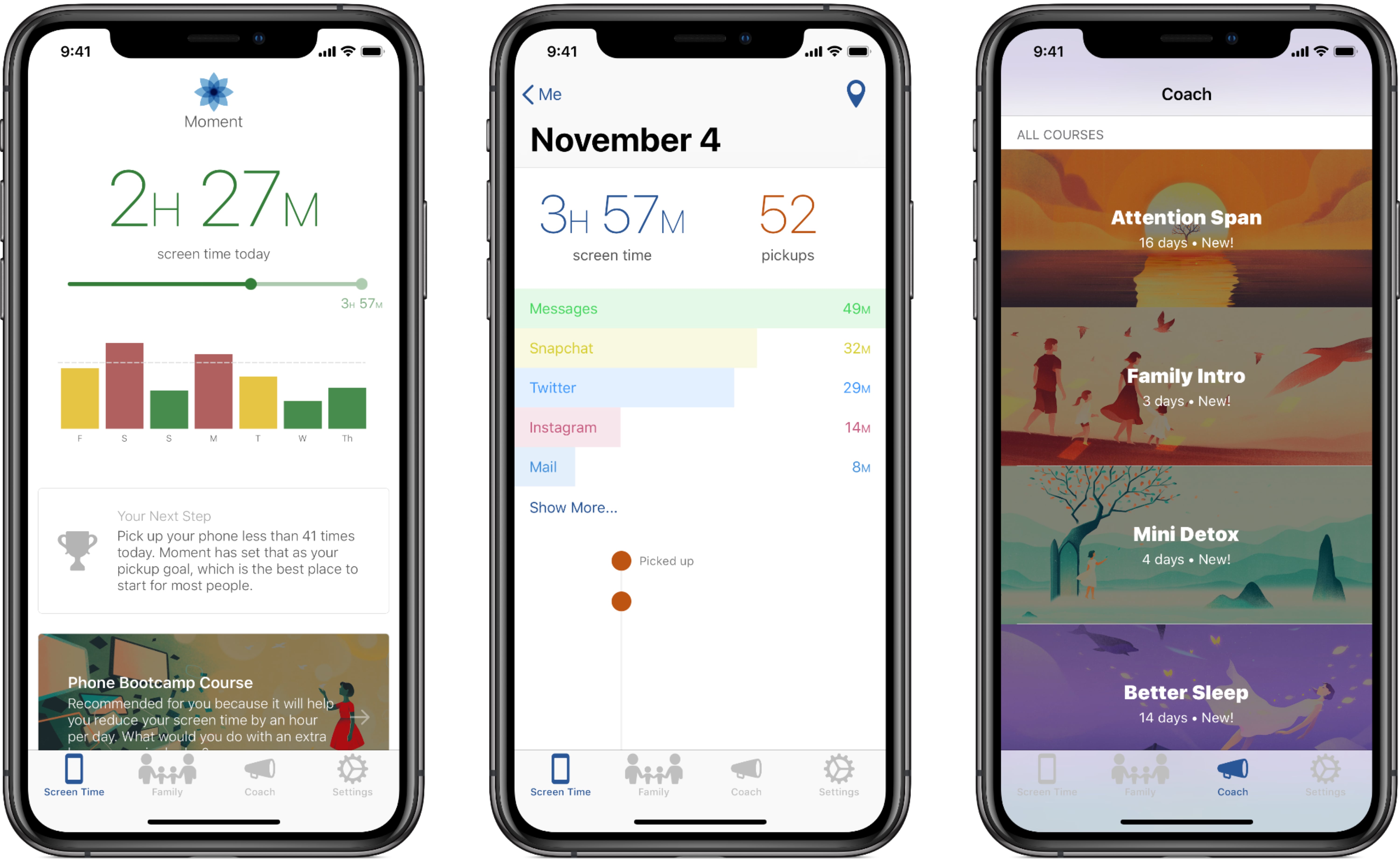 Three screenshots of Moment's Coach and App Usage feature