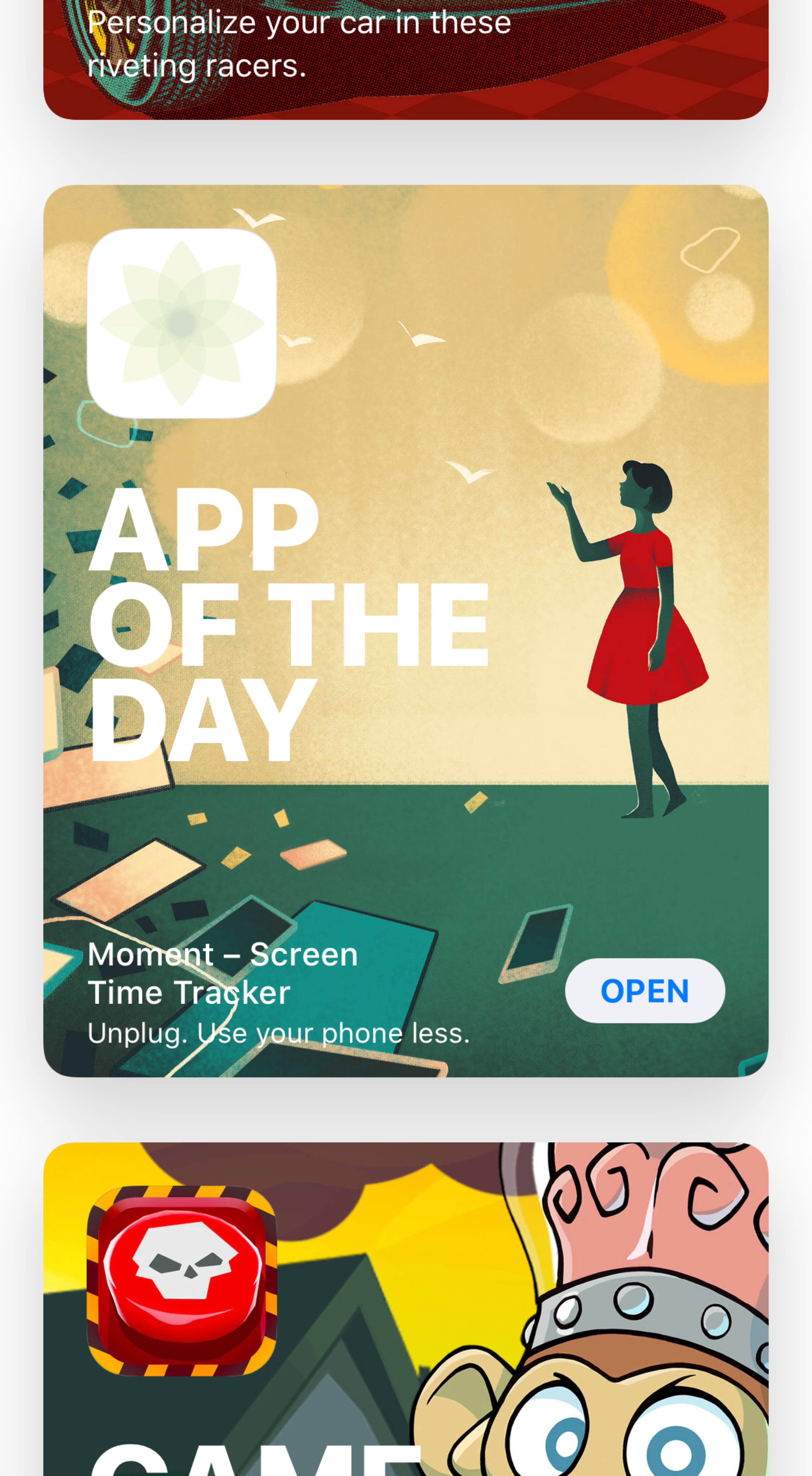 Screenshot about Apple featuring Moment as the App of the Day